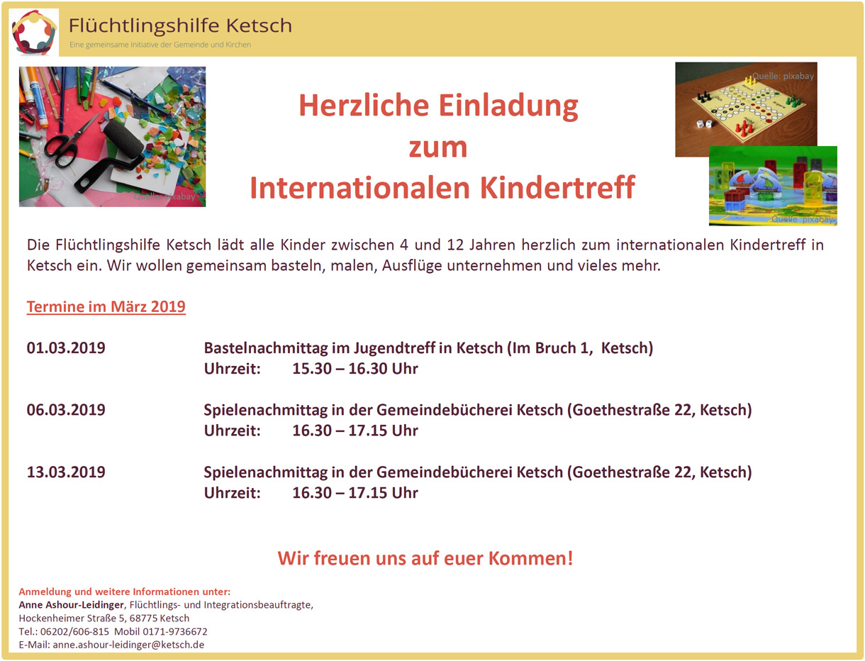 Herzliche Einladung zum Internationalen Kindertreff am am 1., 6. und 13. März 2019 